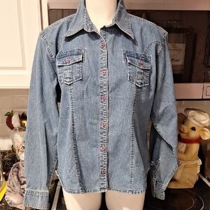 G Riders Blue Stretch Long Sleeve Button Denim Shirt Size XL